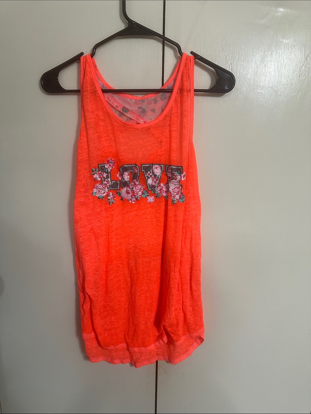 Bobbie Brooks Bright Neon Coral Floral LOVE Tank